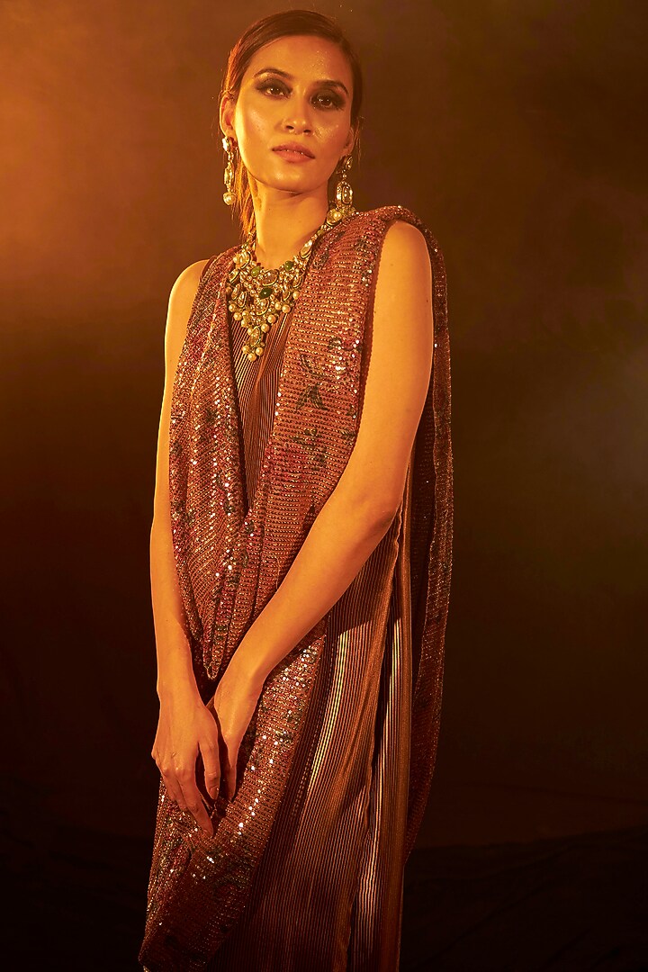 Rose Pink Sequinned Party Wear Gown Saree by Tasuvure Indes at Pernia's Pop Up Shop