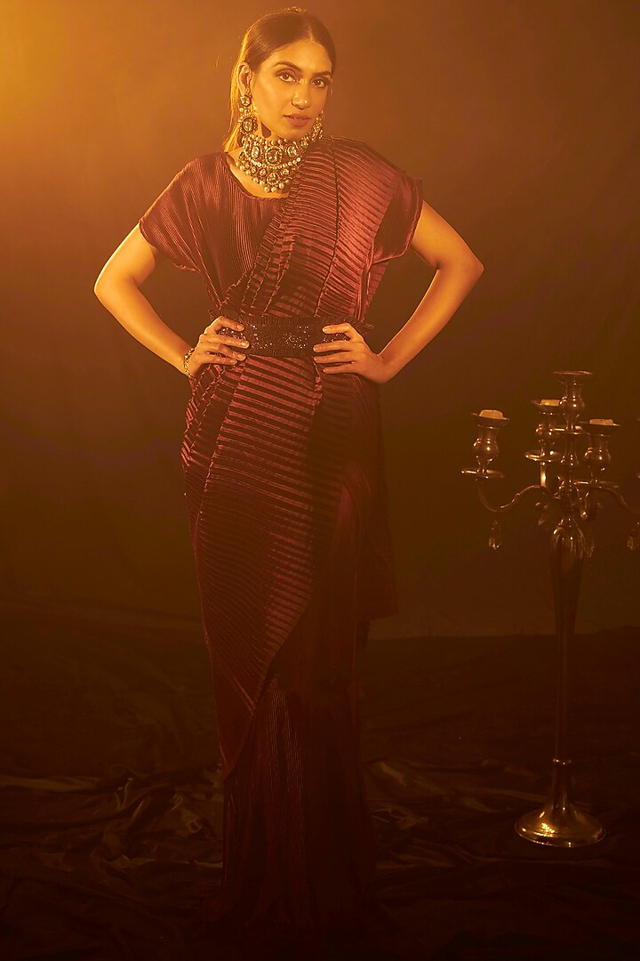 Wine Pleated Fabric Party Wear Gown Saree by Tasuvure Indes at Pernia's Pop Up Shop