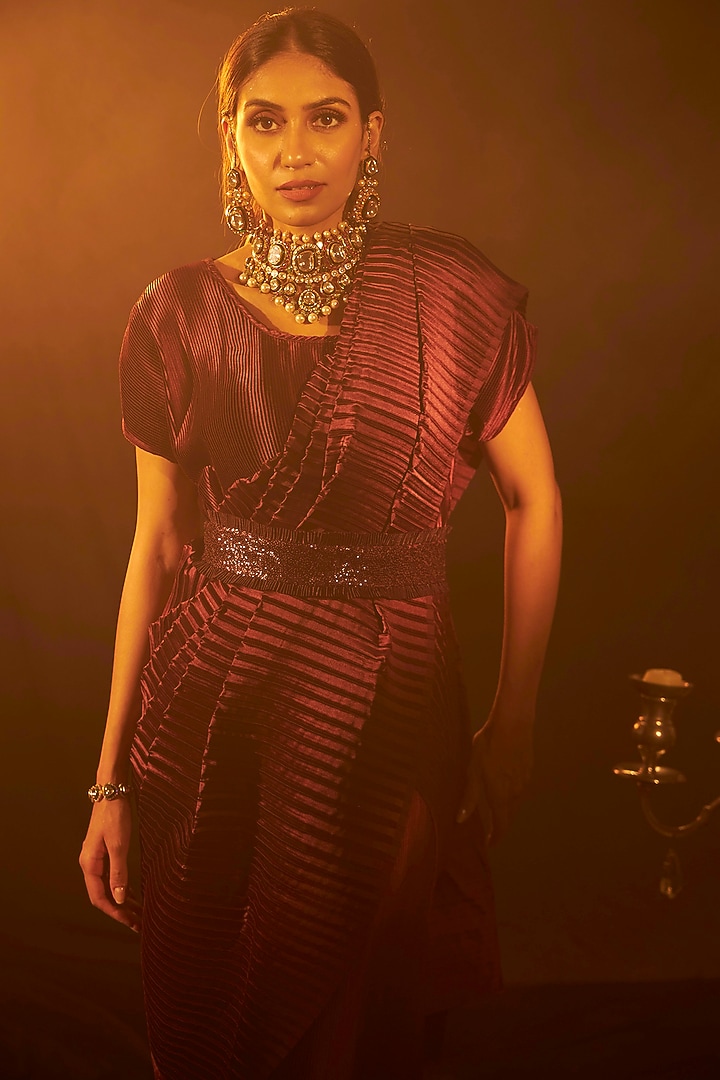 Wine Pleated Fabric Party Wear Gown Saree by Tasuvure Indes at Pernia's Pop Up Shop