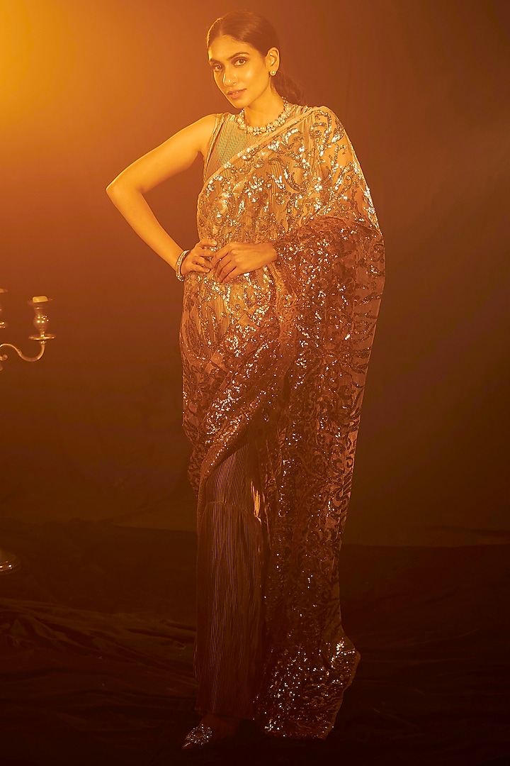 Gold Sequinned Gown Saree by Tasuvure Indes