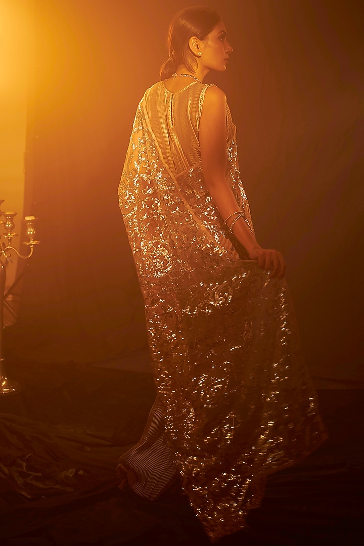 Gold Sequinned Wedding Gown Saree by Tasuvure Indes at Pernia's Pop Up Shop