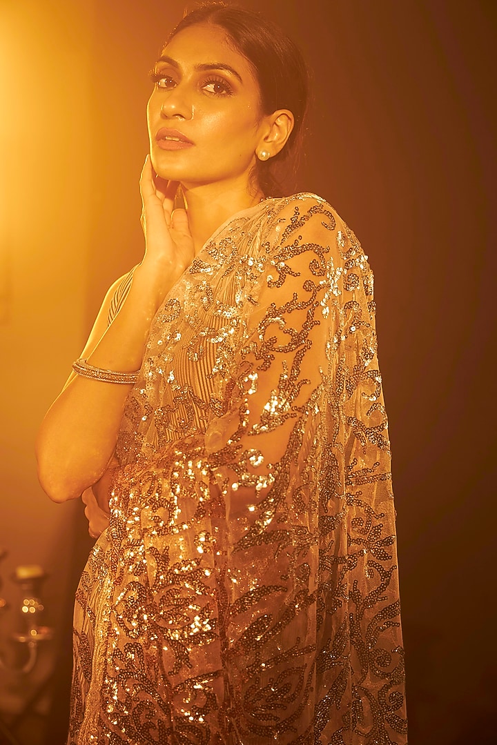 Gold Sequinned Wedding Gown Saree by Tasuvure Indes at Pernia's Pop Up Shop