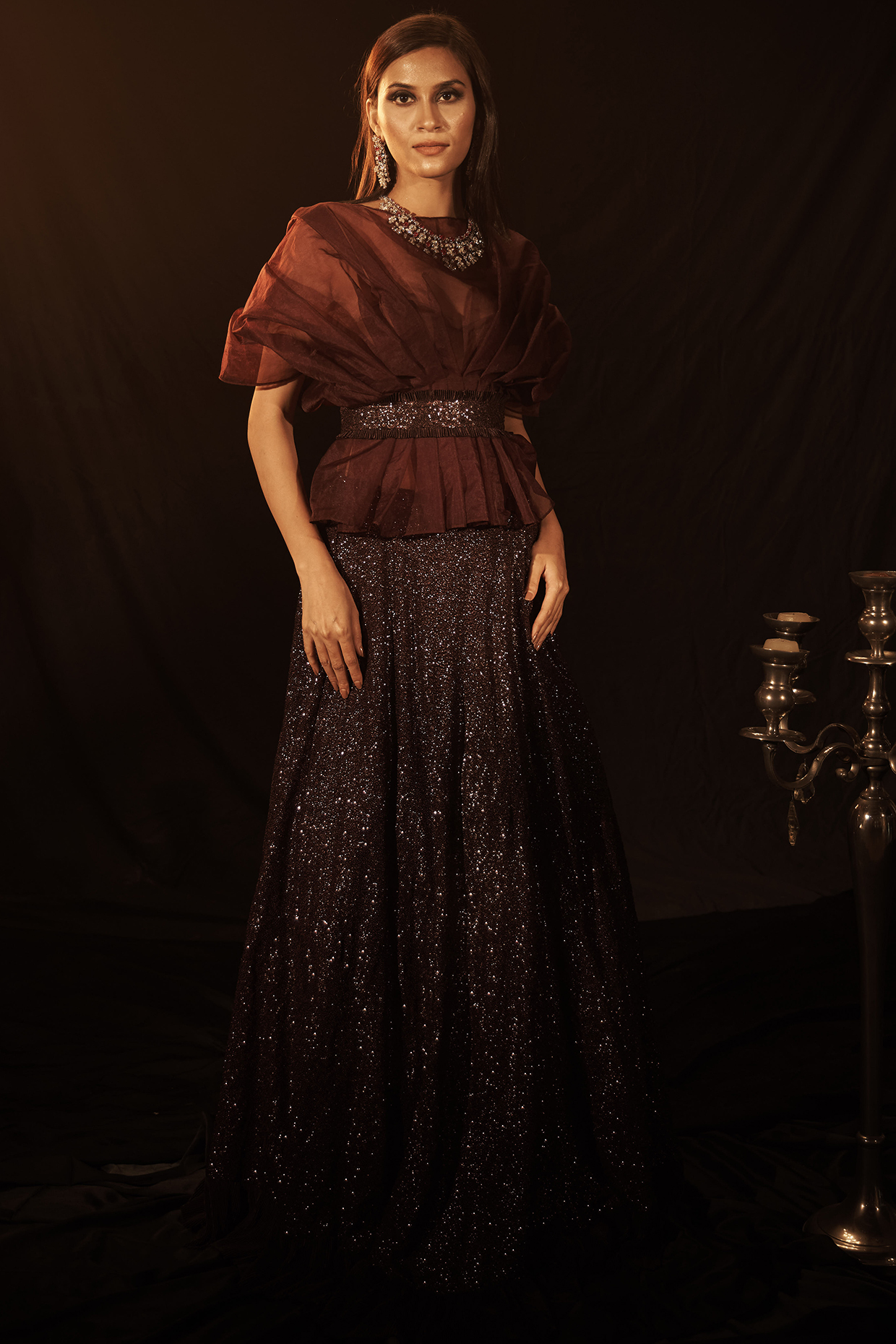Wine Sequinned Lehenga Set by Tasuvure Indes at Pernia's Pop Up Shop