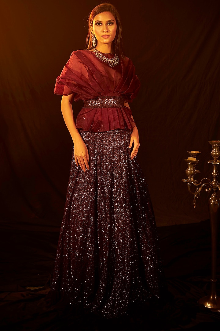 Wine Sequinned Lehenga Set by Tasuvure Indes at Pernia's Pop Up Shop