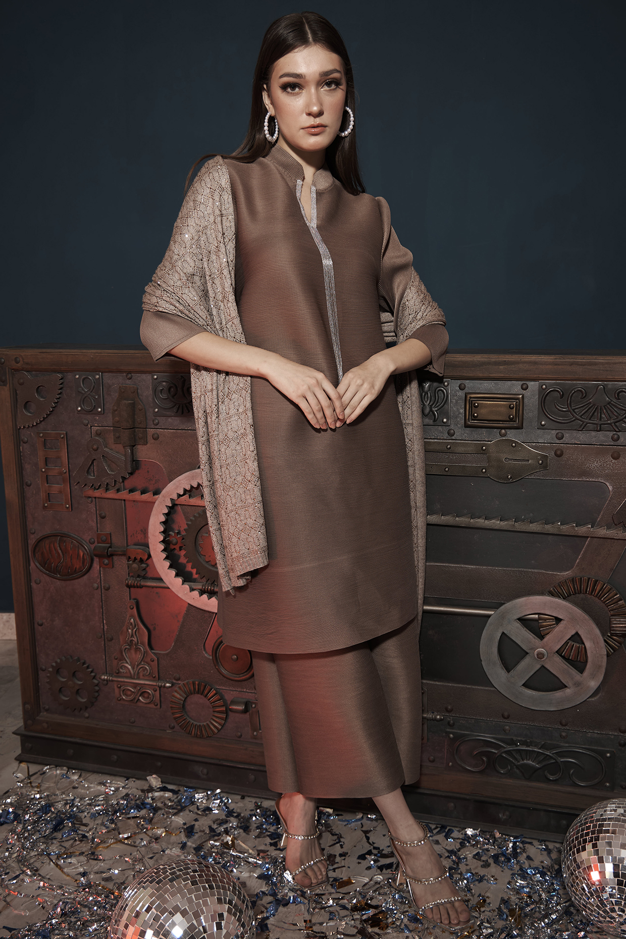 Beige Polyester Pleated Tunic Set by Tasuvure Indes at Pernia's Pop Up Shop