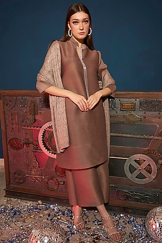 Beige Polyester Pleated Tunic Set by Tasuvure Indes
