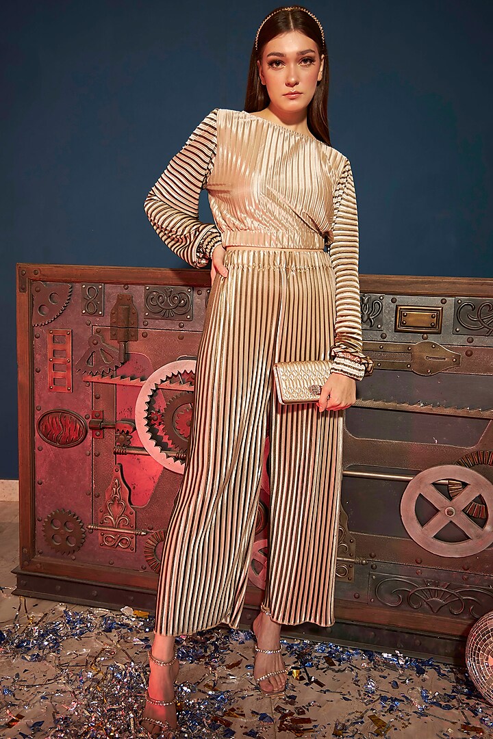 Beige Satin Striped Co-Ord Set by Tasuvure at Pernia's Pop Up Shop