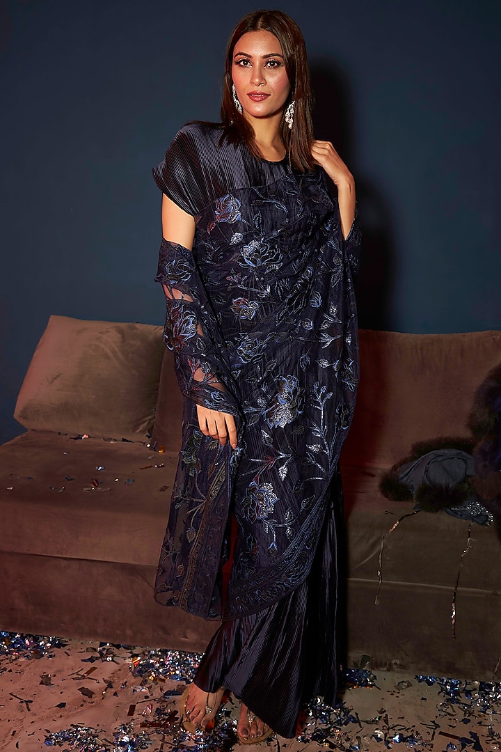 Midnight Blue Satin Gown Saree by Tasuvure Indes at Pernia's Pop Up Shop