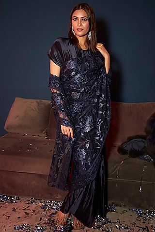 Midnight Blue Satin Gown Saree by Tasuvure Indes