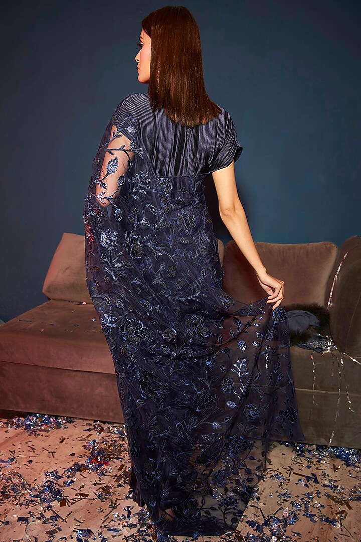 Midnight Blue Satin Party Wear Gown Saree by Tasuvure Indes at Pernia's Pop Up Shop