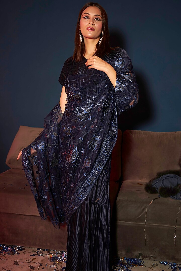 Midnight Blue Satin Party Wear Gown Saree by Tasuvure Indes at Pernia's Pop Up Shop