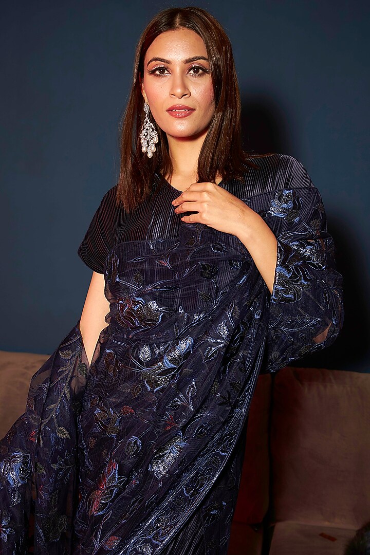 Midnight Blue Satin Party Wear Gown Saree by Tasuvure Indes at Pernia's Pop Up Shop