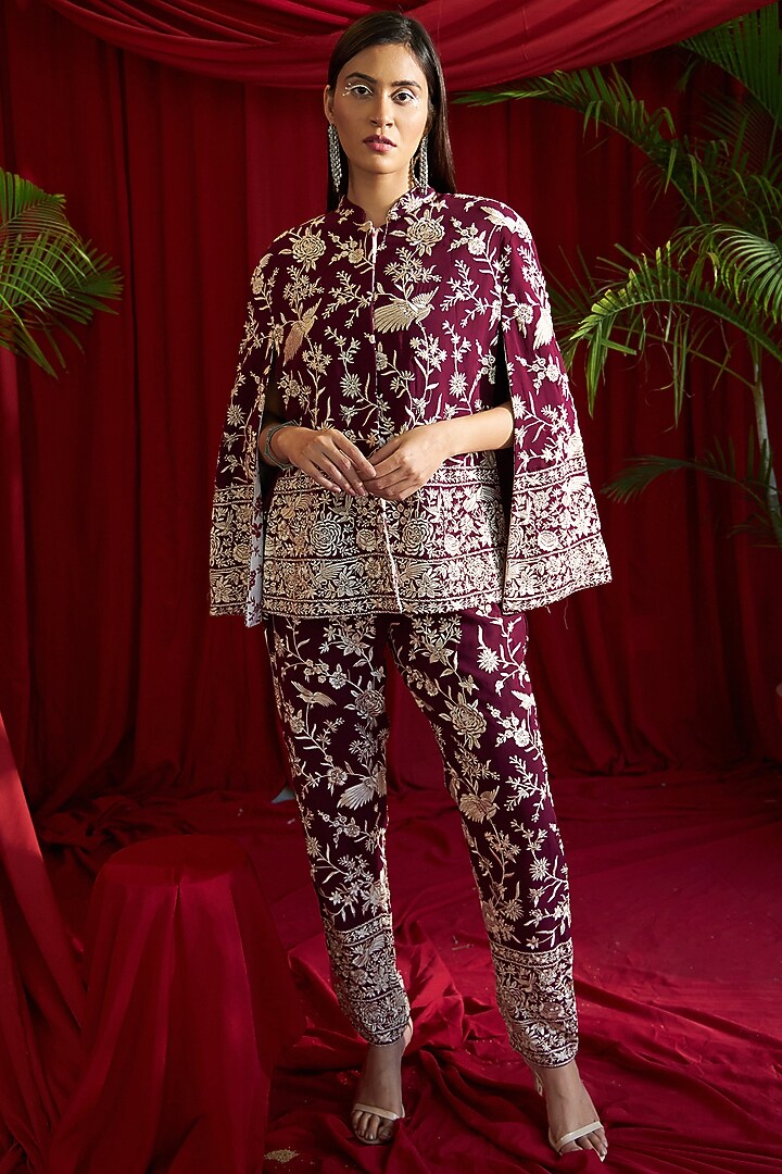 Wine Thick Georgette Motifs & Gara Embroidered Co-Ord Set by Tasuvure Indes at Pernia's Pop Up Shop