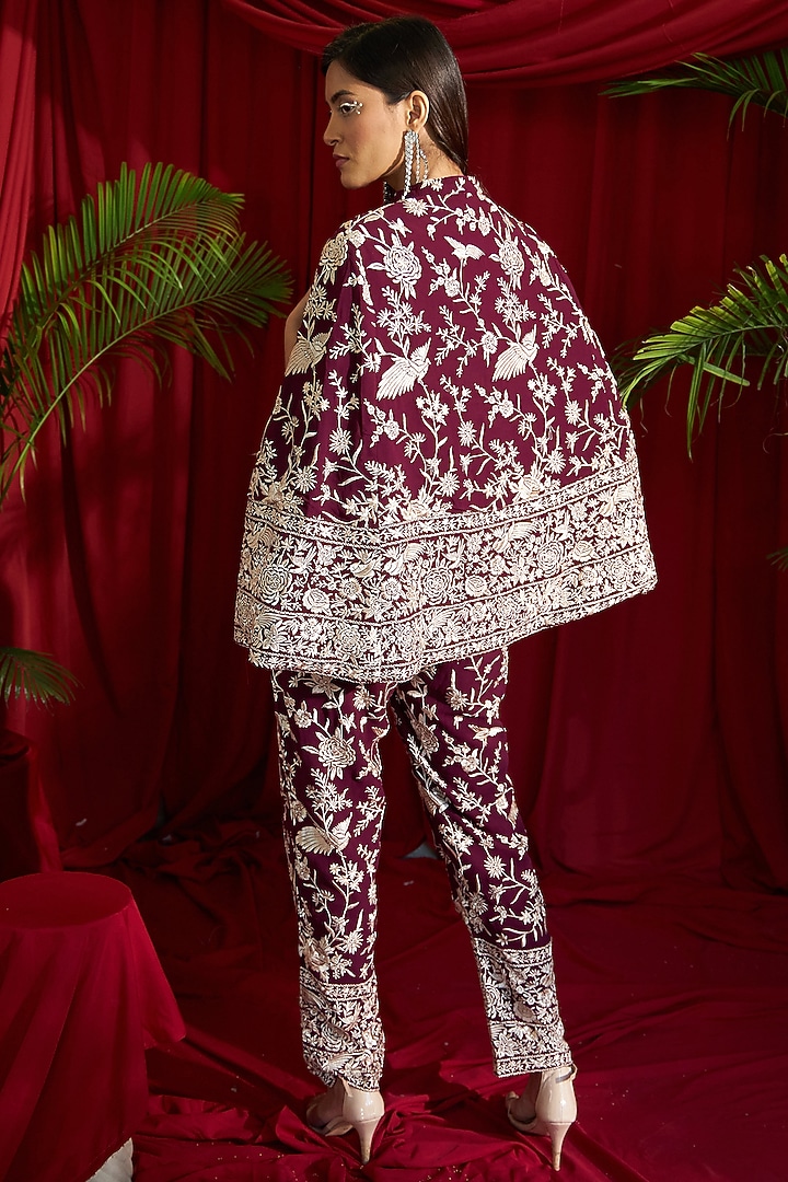 Wine Thick Georgette Motifs & Gara Embroidered Co-Ord Set by Tasuvure Indes at Pernia's Pop Up Shop