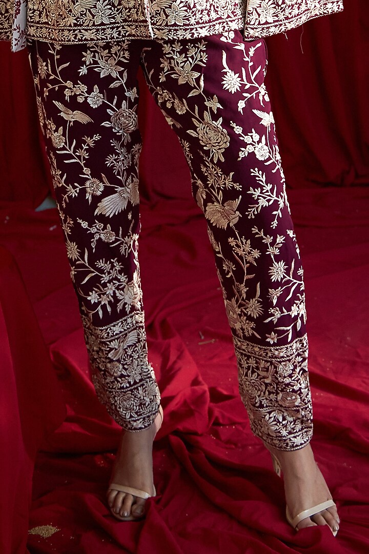 Wine Thick Georgette Motifs & Gara Embroidered Co-Ord Set by Tasuvure Indes at Pernia's Pop Up Shop