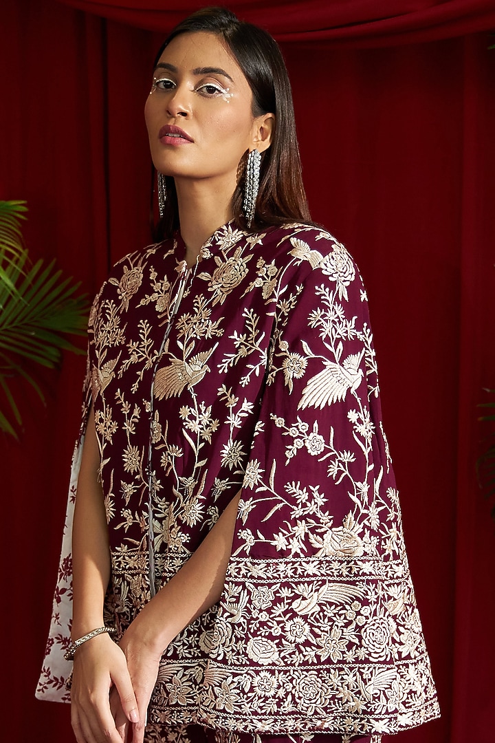 Wine Thick Georgette Motifs & Gara Embroidered Co-Ord Set by Tasuvure Indes at Pernia's Pop Up Shop