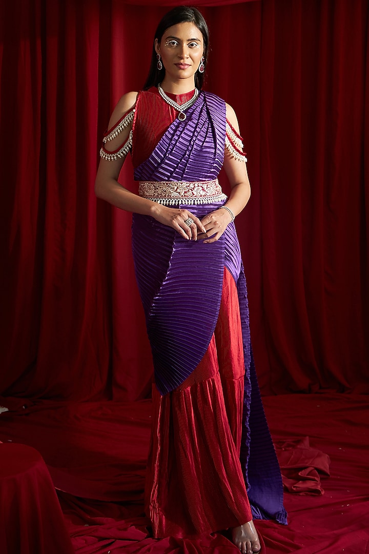 Red & Purple Silk Color-Blocked Pleated Wedding Gown Saree by Tasuvure Indes at Pernia's Pop Up Shop