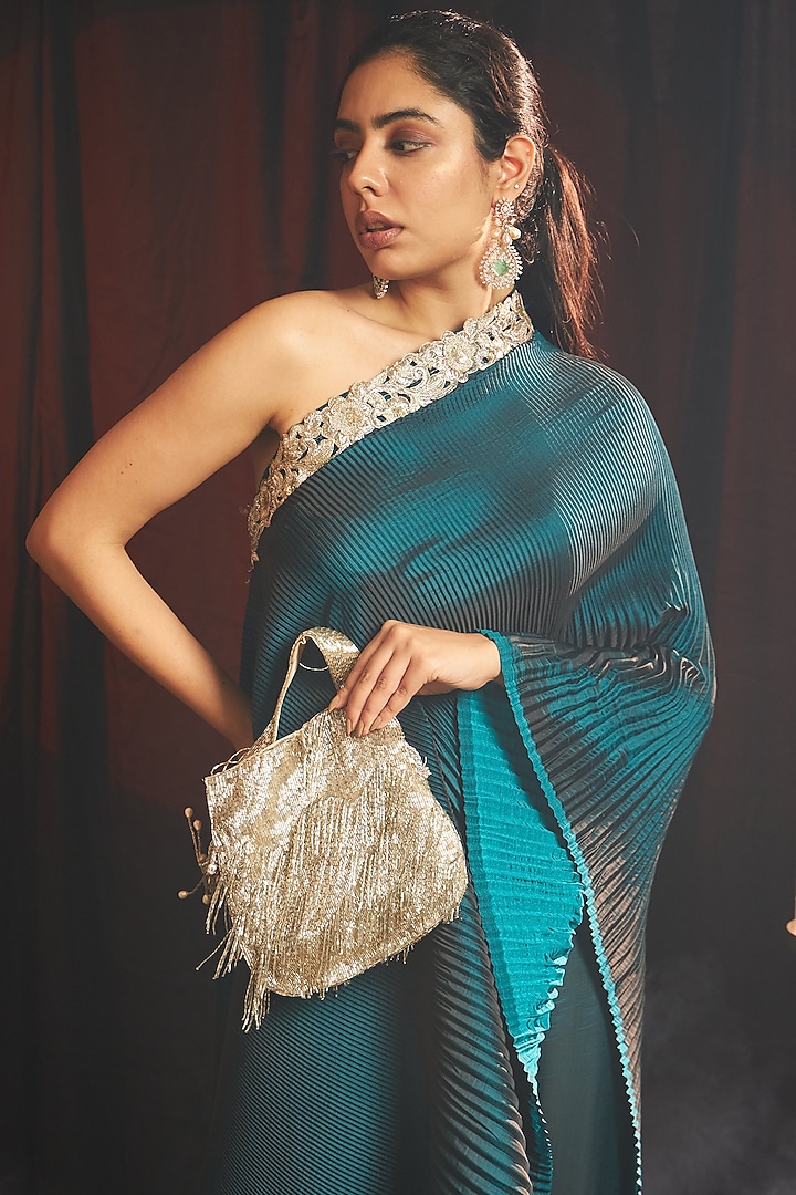 Deep Teal Pleated Silk Embroidered Off-Shoulder Cape Set by Tasuvure Indes at Pernia's Pop Up Shop