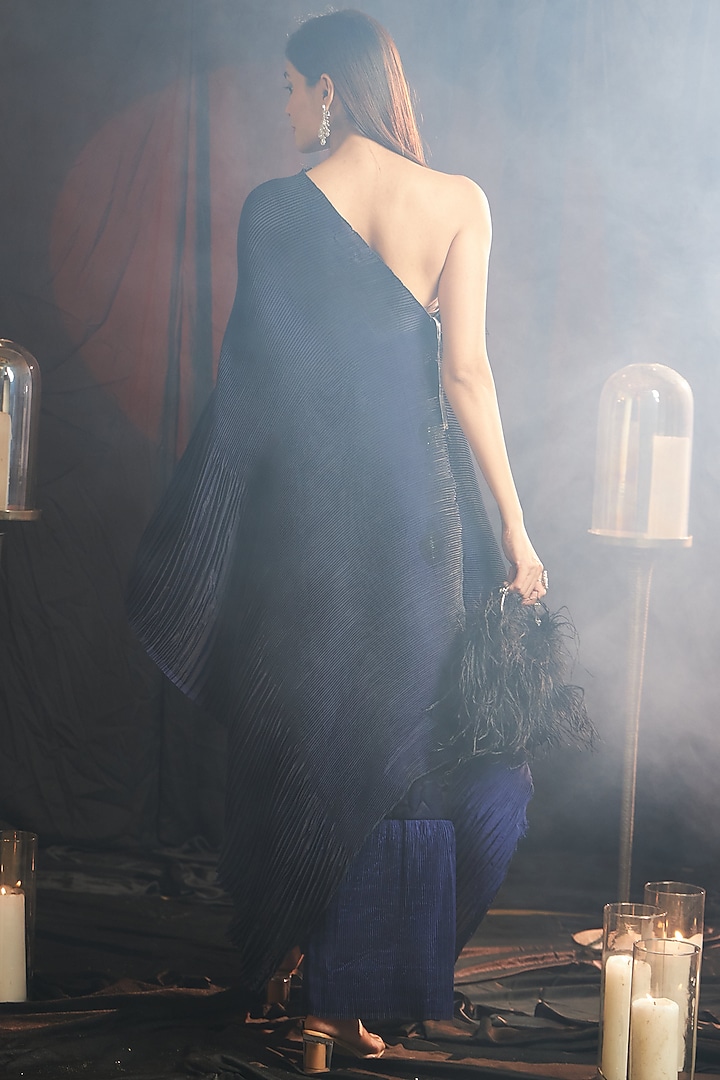 Midnight Blue Pleated Silk Embroidered Off-Shoulder Cape Set by Tasuvure Indes at Pernia's Pop Up Shop