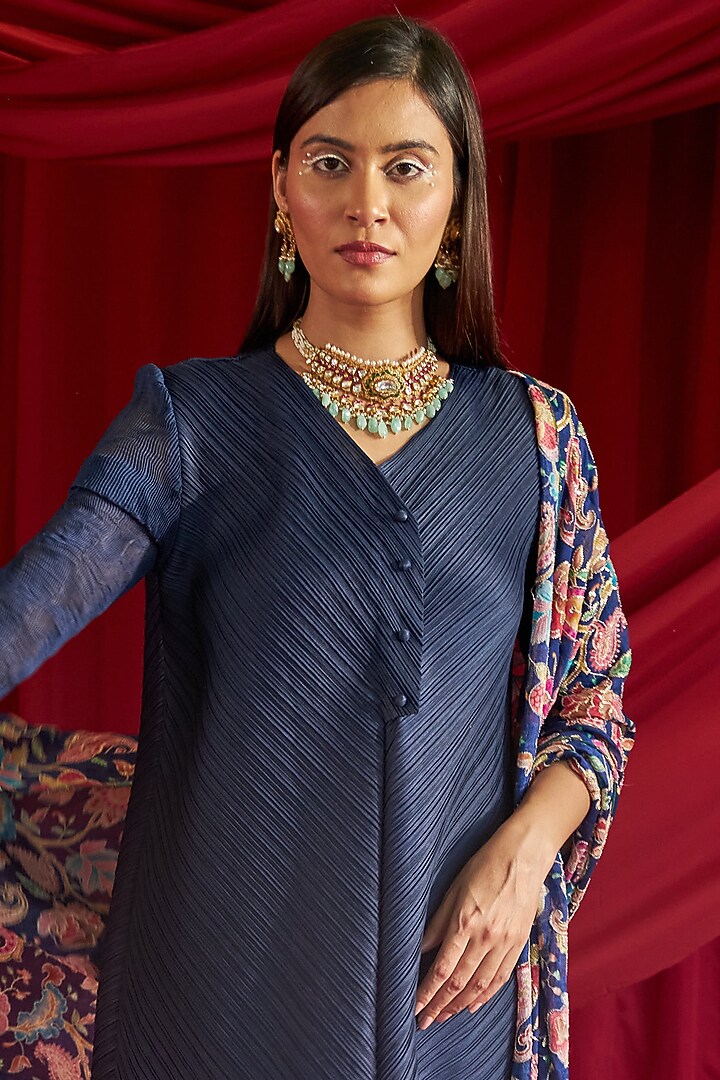 Blue Pleated Polyester Straight Tunic Set by Tasuvure Indes at Pernia's Pop Up Shop