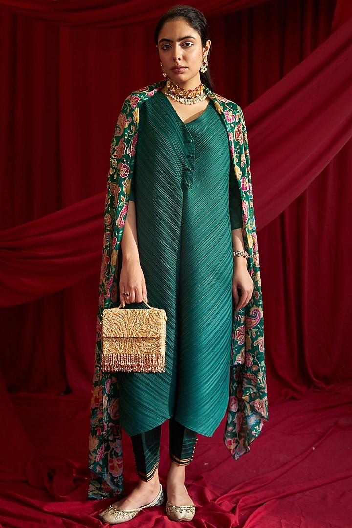 Green Pleated Polyester Straight Tunic Set by Tasuvure Indes