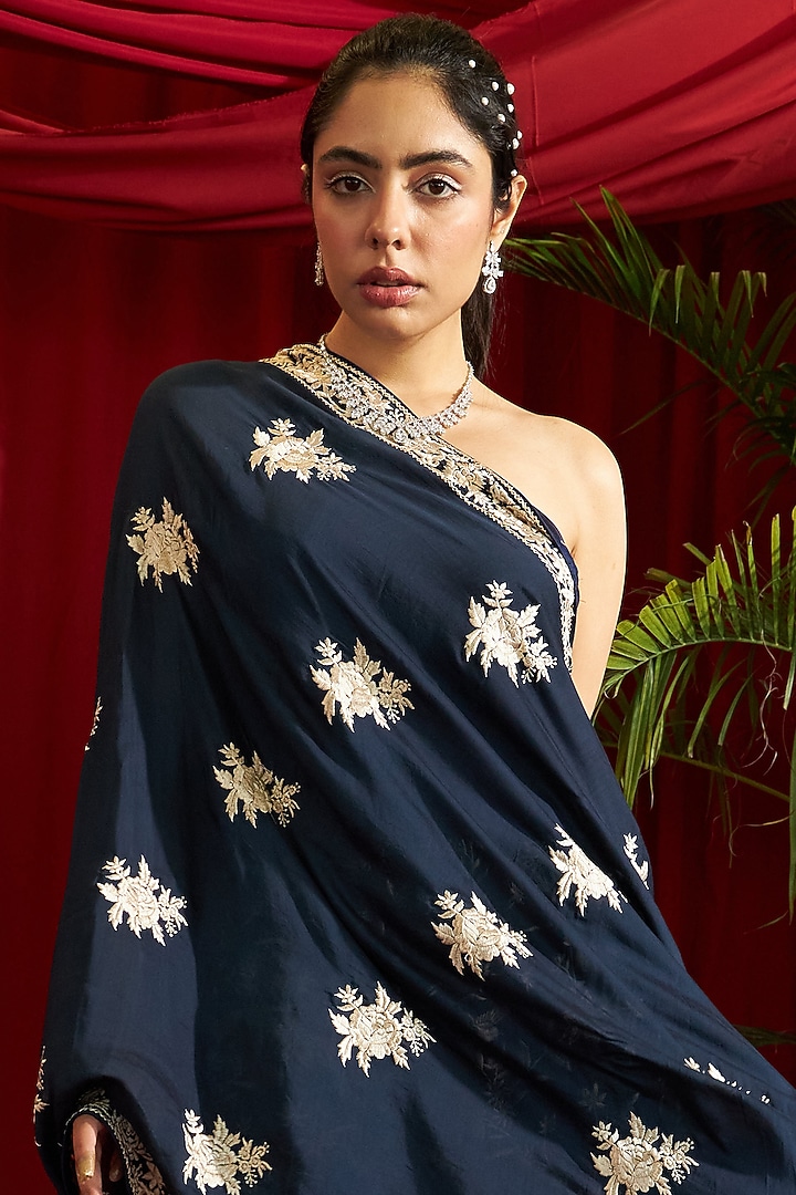 Navy Blue Georgette Gara Embroidered Cape Set by Tasuvure Indes at Pernia's Pop Up Shop