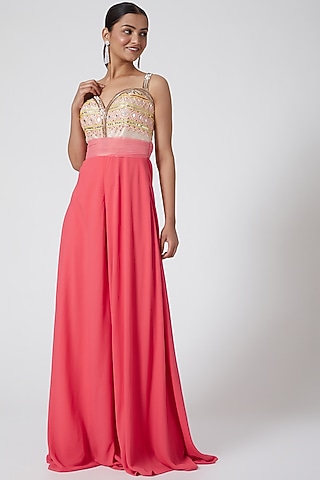 Blush Pink Embroidered Strappy Jumpsuit by Tamaraa By Tahani