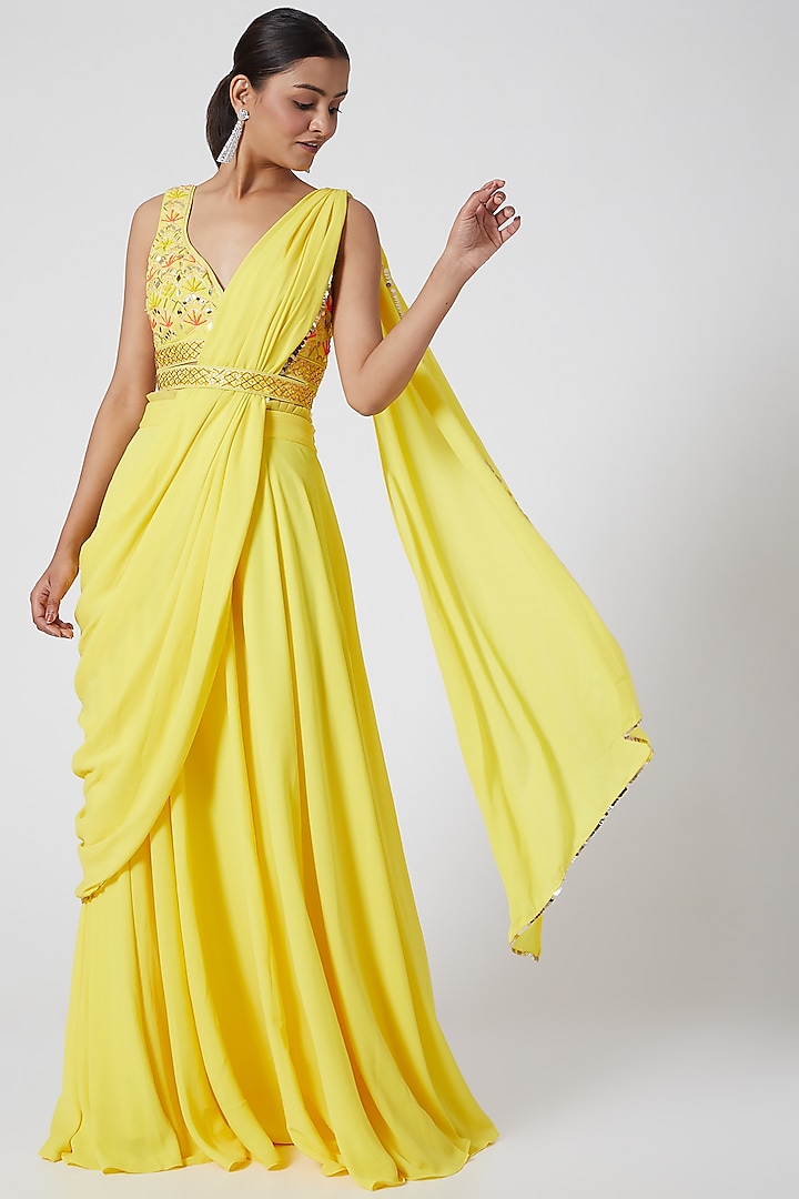 Yellow Embroidered Draped Lehenga Set by Tamaraa By Tahani