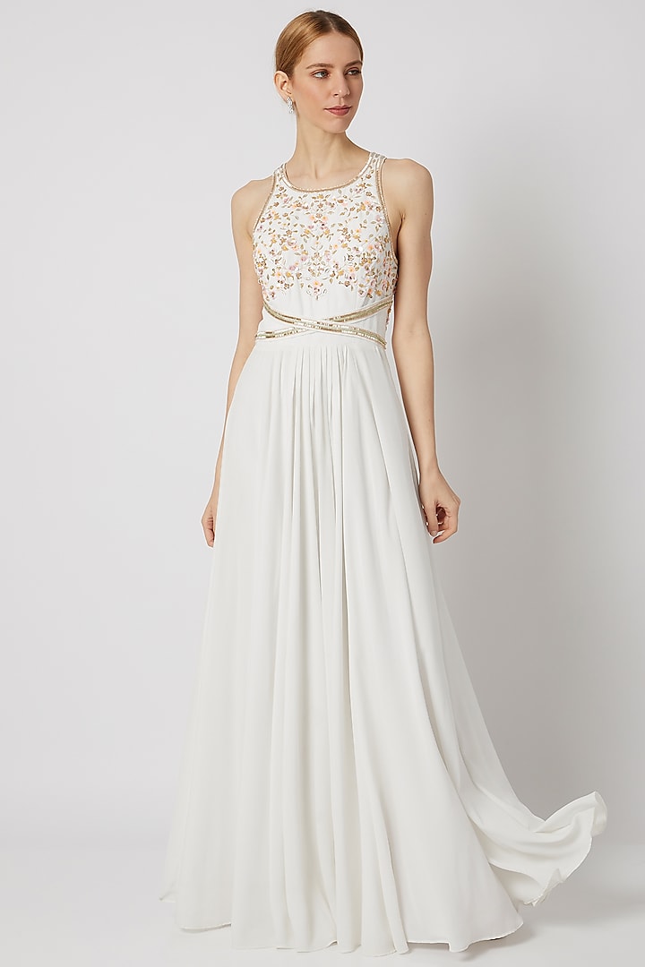 White Floral Embroidered Cross Back Gown by Tamaraa By Tahani