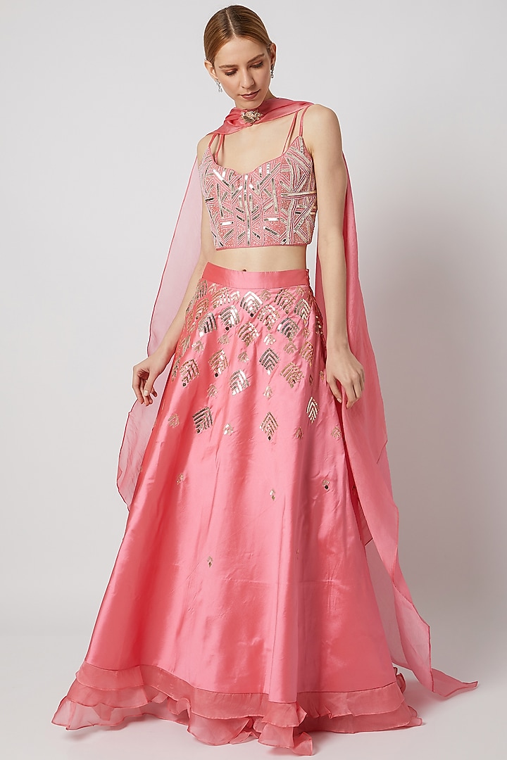 Blush Pink Embroidered & Ruffled Lehenga Set by Tamaraa By Tahani