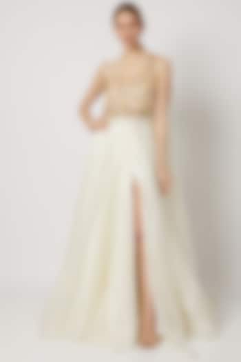 White Embroidered Slit Gown With Drape by Tamaraa By Tahani