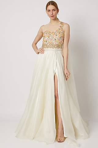White Embroidered Slit Gown With Drape by Tamaraa By Tahani