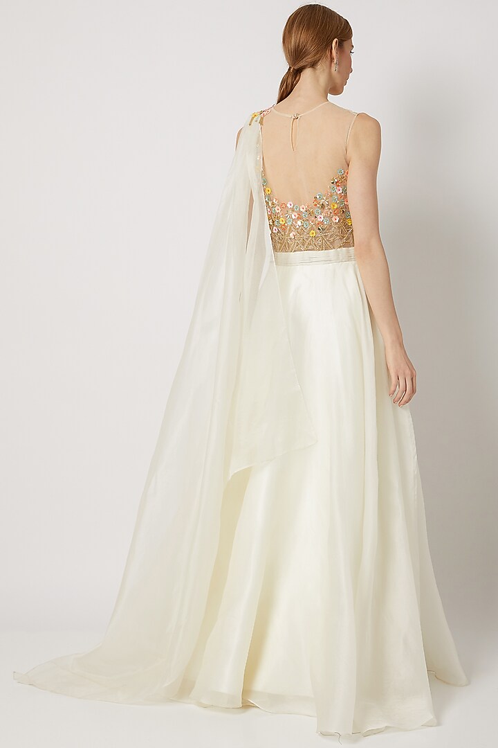 White Embroidered Slit Engagement Gown With Drape by Tamaraa By Tahani at Pernia's Pop Up Shop