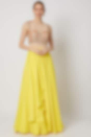 Lime Yellow Embroidered Drape Gown by Tamaraa By Tahani at Pernia's Pop Up Shop