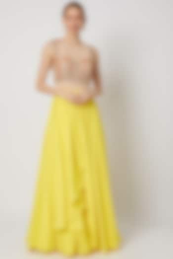 Lime Yellow Embroidered Drape Gown by Tamaraa By Tahani