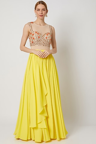 Lime Yellow Embroidered Drape Gown by Tamaraa By Tahani