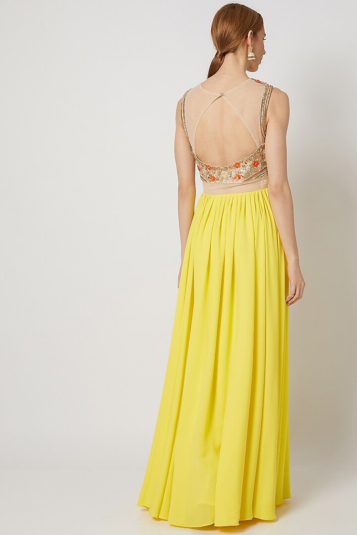 Lime Yellow Embroidered Drape Party Wear Gown by Tamaraa By Tahani at Pernia's Pop Up Shop