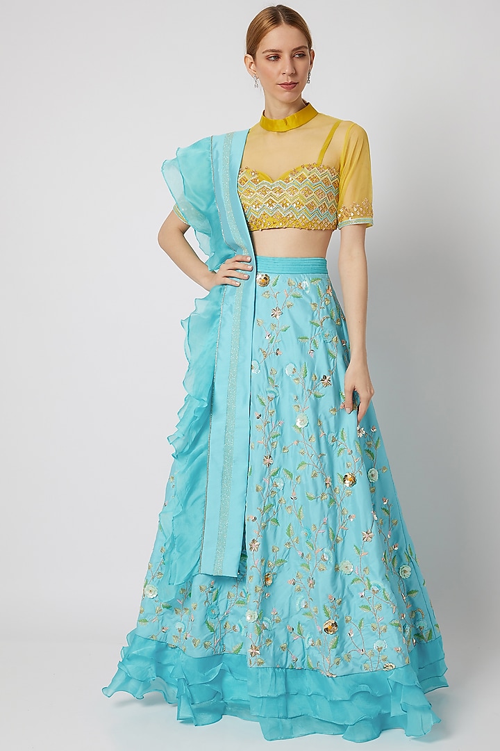 Sky Blue Handcrafted Embroidered Wedding Lehenga Set by Tamaraa By Tahani at Pernia's Pop Up Shop