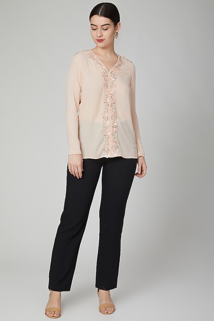 Peach Embroidered Floral Shirt by Tamaraa By Tahani