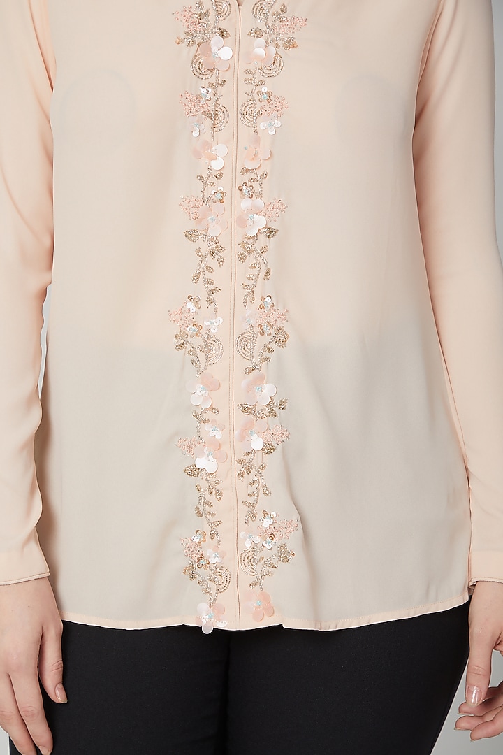 Peach Embroidered Floral Shirt by Tamaraa By Tahani at Pernia's Pop Up Shop