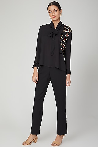 Black Embroidered Floral Top by Tamaraa By Tahani