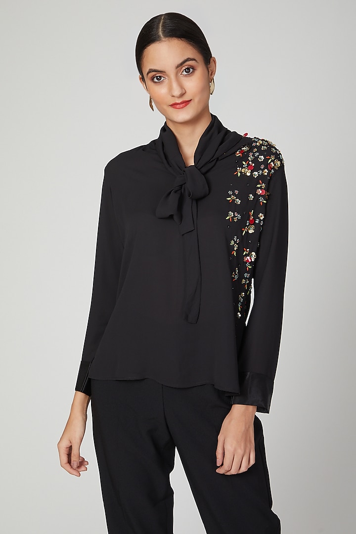 Black Embroidered Floral Top by Tamaraa By Tahani at Pernia's Pop Up Shop