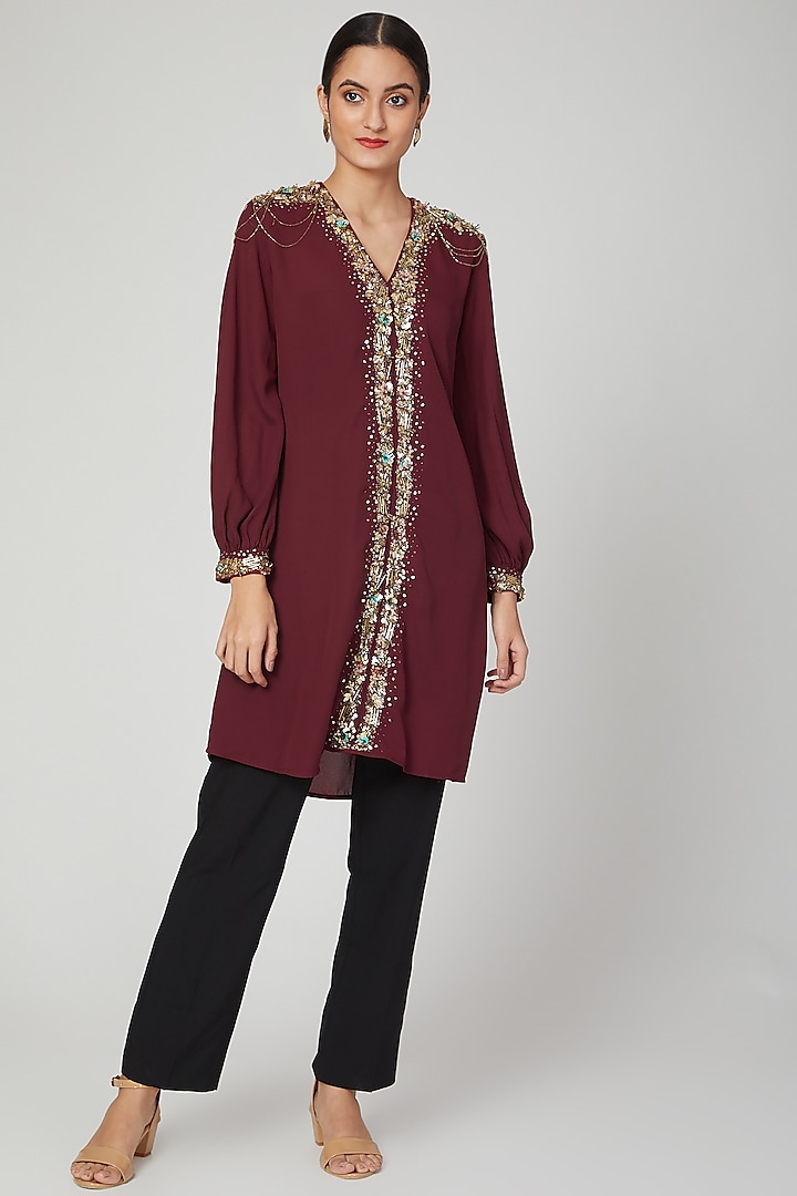 Wine Sequins Embroidered Tunic With Tassels by Tamaraa By Tahani