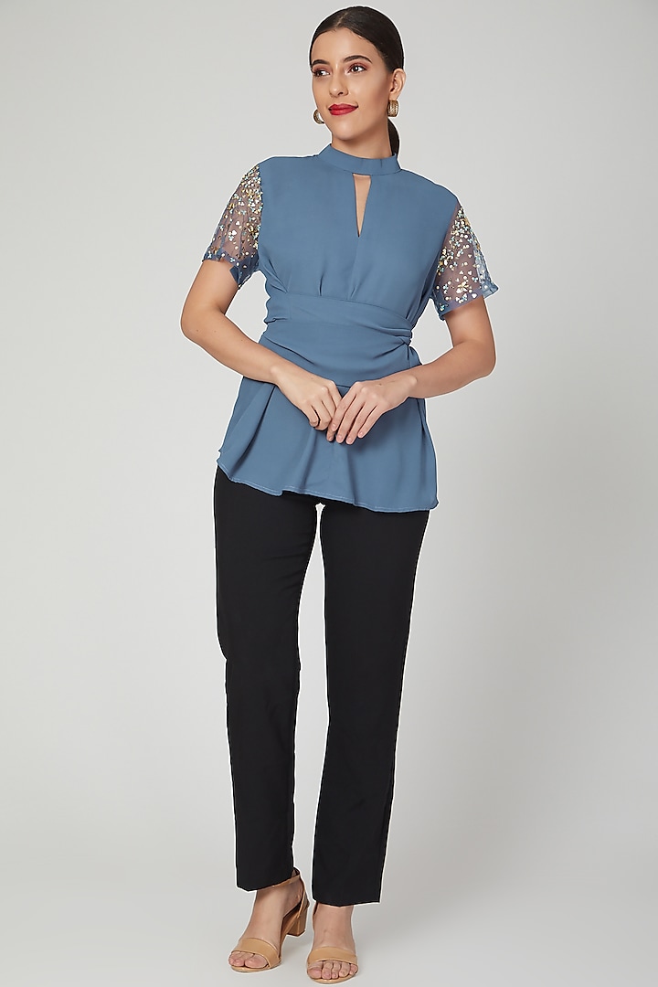 Blue Embellished Shirt With Wrap Belt by Tamaraa By Tahani