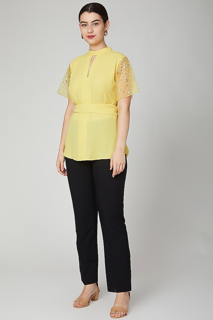 Yellow Embellished Shirt With Wrap Belt by Tamaraa By Tahani