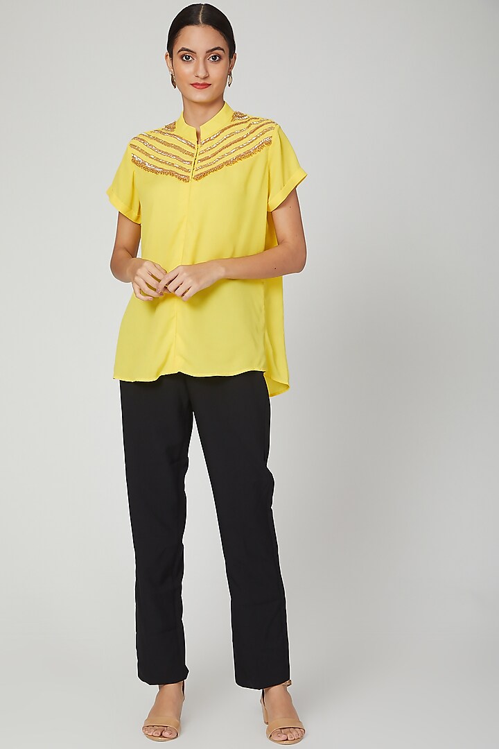 Yellow Aari Embellished Shirt by Tamaraa By Tahani