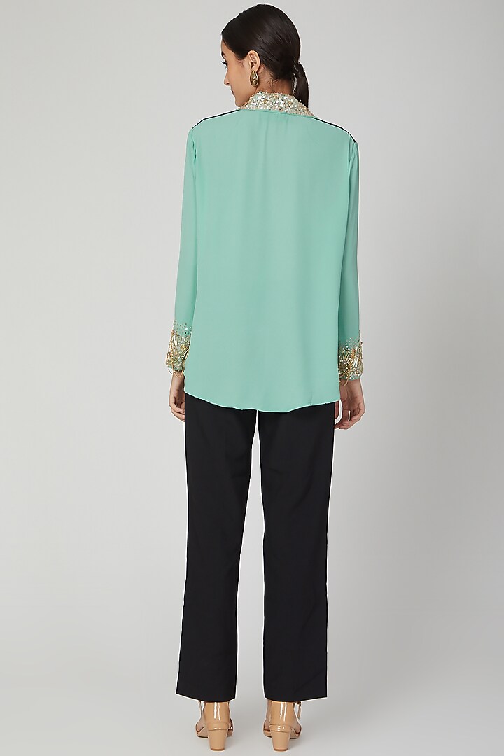 Mint Green Sequins Embroidered Shirt by Tamaraa By Tahani at Pernia's Pop Up Shop