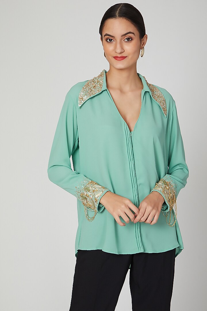 Mint Green Sequins Embroidered Shirt by Tamaraa By Tahani at Pernia's Pop Up Shop