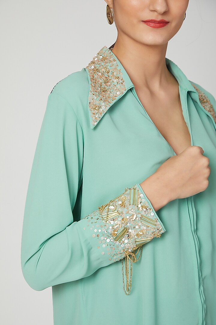 Mint Green Sequins Embroidered Shirt by Tamaraa By Tahani at Pernia's Pop Up Shop