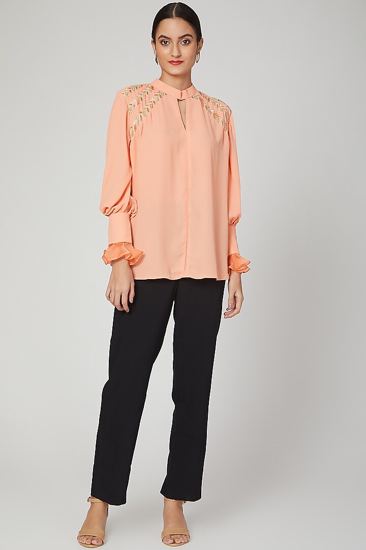 Peach Aari Work Embroidered Top by Tamaraa By Tahani at Pernia's Pop Up Shop